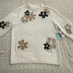 Cece Women's Crewneck Flower Patterned Knit Long-Sleeve Sweater